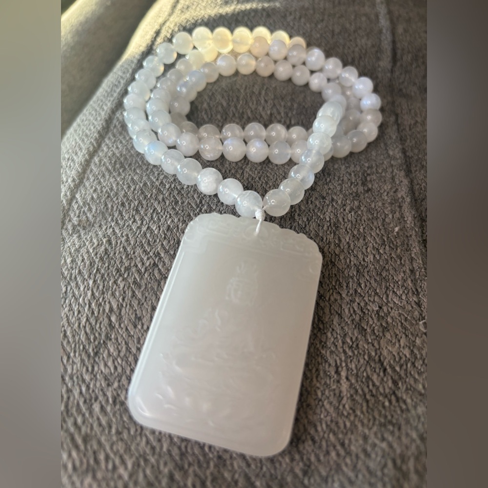 Elegant Moonstone Beaded Necklace with Jade Pendant